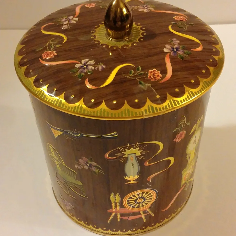 Vintage Decorative Cookie Tin with Brown and Gold Accents